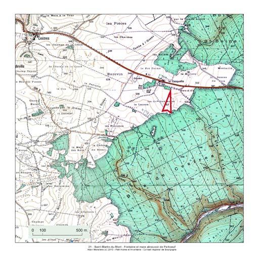 Plan de localisation, extrait de la carte topographique de l'IGN au 1:25000e agrandie au 1:12500e.