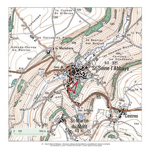 Plan de localisation, extrait de la carte topographique de l'IGN au 1:25000e agrandie au 1:12500e.