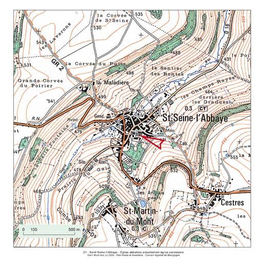 Plan de localisation, extrait de la carte topographique de l'IGN au 1:25000e, agrandie au 1:12500e.