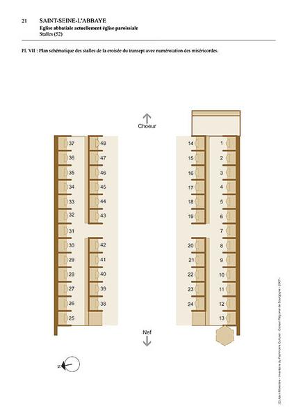 Plan schématique des stalles de la croisée du transept avec numérotation des miséricordes.