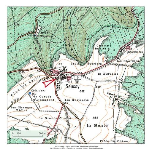 Plan de localisation, extrait de la carte topographique de l'IGN au 1:25000e agrandie au 1:12500e.