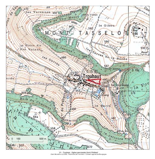 Plan de localisation, extrait de la carte topographique de l'IGN au 1:25000e agrandie au 1:12500e.