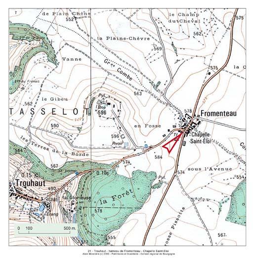 Plan de localisation, extrait de la carte topographique de l'IGN au 1:25000e agrandie au 1:12500e.