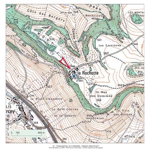 Plan de localisation, extrait de la carte topographique de l'IGN au 1:25000e agrandie au 1:12500e.