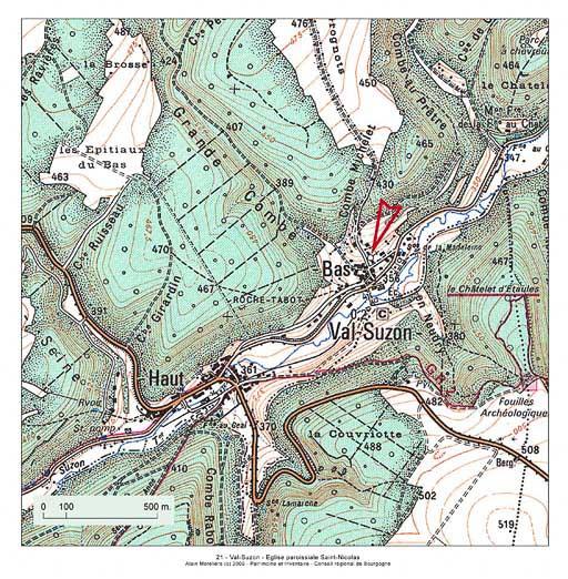 Plan de localisation, extrait de la carte topographique de l'IGN au 1:25000e agrandie au 1:12500e.