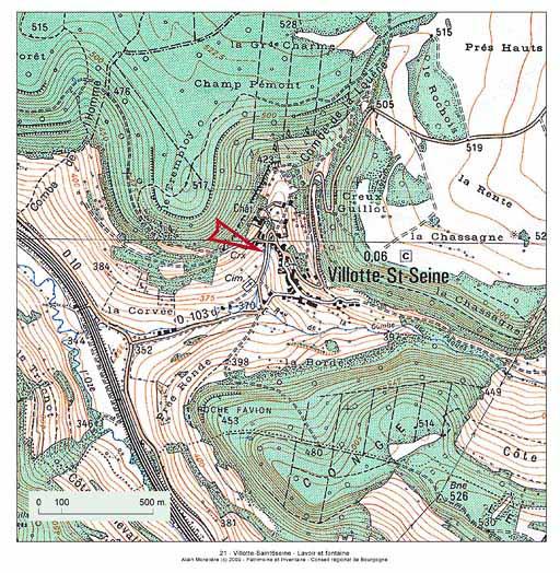Plan de localisation, extrait de la carte topographique de l'IGN au 1:25000e agrandie au 1:12500e.