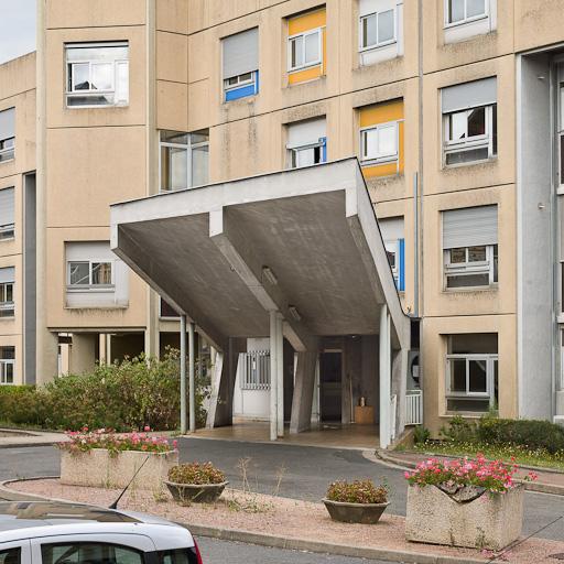 Bâtiment Maternité-Gynécologie (Gérontologie au moment de la prise de vue) : détail de l'auvent de la façade antérieure.