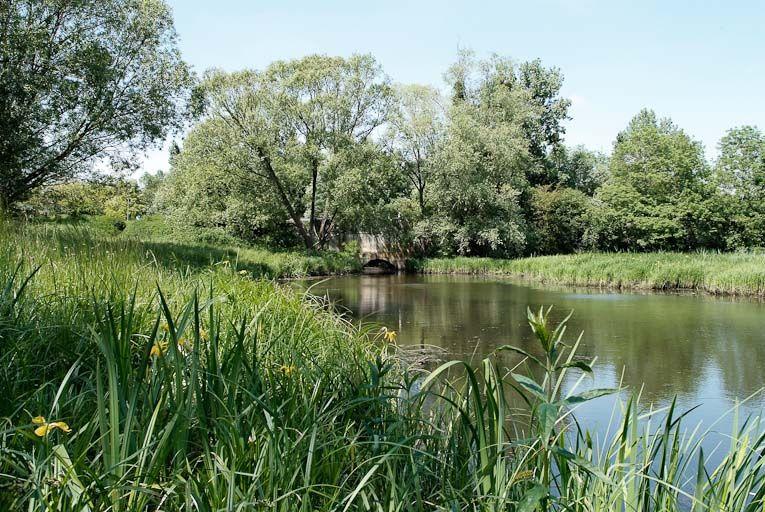 Paysage de la Seille avec pont sous la RD 971, Seille au premier plan.