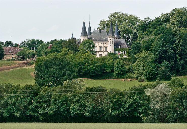 Vue d'ensemble du château de Montrevault actuel, qui est une pittoresque construction du 19e siècle, visible sur la rive droite de la Seille. Composé d'un corps de logis de plan massé flanqué de tourelles d'angles, prolongé d'un deuxième corps rectangulaire plus petit, il est situé sur l'emplacement d'un ancien château fort, 'maison fossoyée de la Motte dénombrée en 1516'. (Habitat fortifié de Saône-et-Loire, in Hervé Mouillebouche, Les maison fortes en Bourgogne du nord, E. U. D. ; 2002).