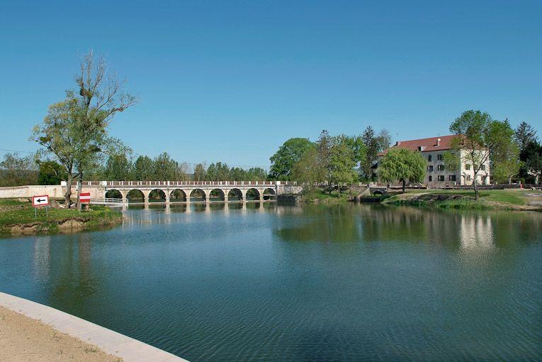 Barrage et pont de La Truchère à gauche, moulin à droite, vus de la rive gauche de la Seille.