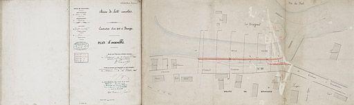 'Construction d'un port à Branges, plan d'ensemble', aquarellé. Dressé par le conducteur subdivisionnaire Gardie, daté du 9 octobre 1886, vizé par l'ingénieur en chef Jozon. Les noms des propriétaires riverains sont mentionnés.