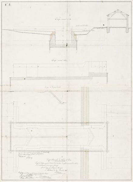 Projet d'exhaussement de l'écluse de La Truchère, de perfectionnement de ses abords et de rattachement de cet ouvrage au barrage qui vient d'être construit. Plan, élévation et coupe.