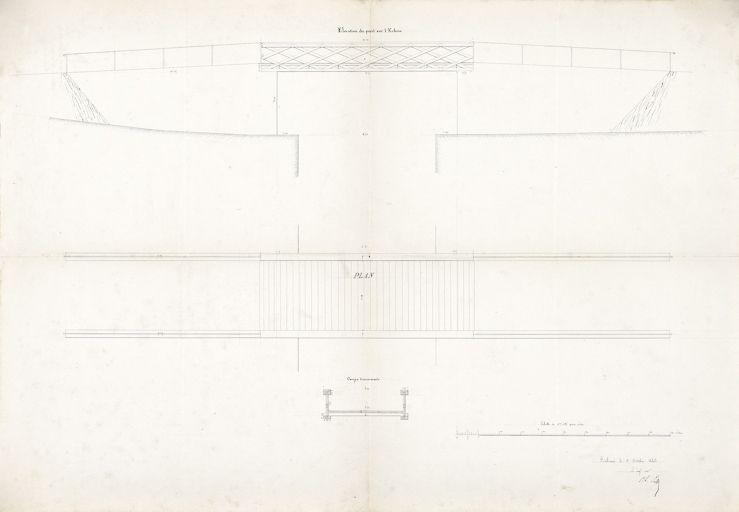 Plan du pont en charpente à contruire sur l'écluse de La Truchère. Plan, coupe et élévation. Octobre 1846.