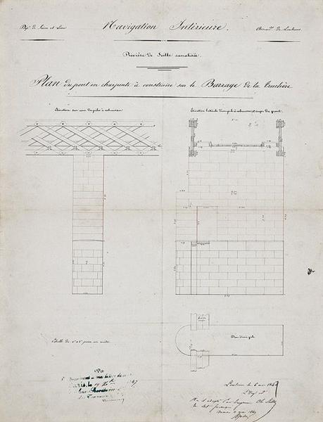 'Plan : un pont en charpente à construire sur le barrage de la Truchère', par Ch. Lattre (?), ingénieur ordinaire, le 6 mai 1846 ou 1847 (correction).