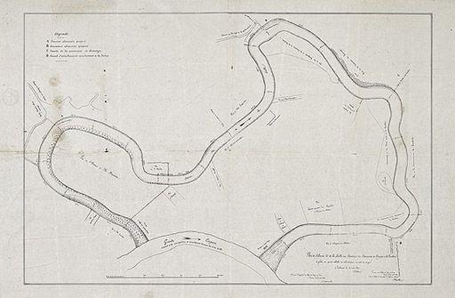 'Plan de l'ancien lit de la Seille au territoire des communes de Sermoyer et la Truchère, à joindre au procès-verbal de délimitation en date de ce jour : 18 mai 1820', par Delarue, visé par Delatombe, ingénieur en chef.