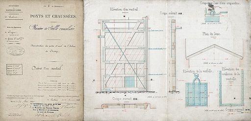 'Construction des portes d'aval de l'écluse de Cuisery : dessin d'un vantail' par Gardie, conducteur principal faisant fonction d'ingénieur ordinaire, le 28 février 1889, visé par Jozon, ingénieur en chef.