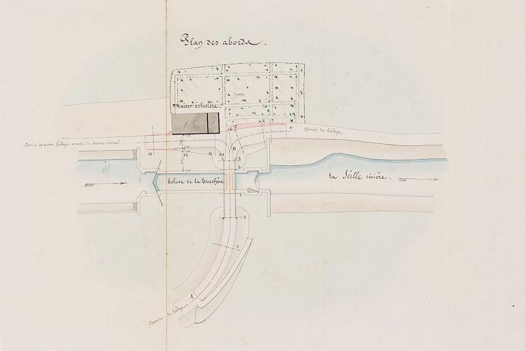 Le site d'écluse de La Truchère : digue avec allège, pont sur écluse, la maison éclusière en fond.