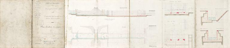 'Construction d'un nouveau sas à l'écluse de la Truchère : plan, élévation et coupes', par Gardie, conducteur principal faisant fonction d'ingénieur ordinaire, visé par Jozon, ingénieur en chef, le 25 novembre 1893.