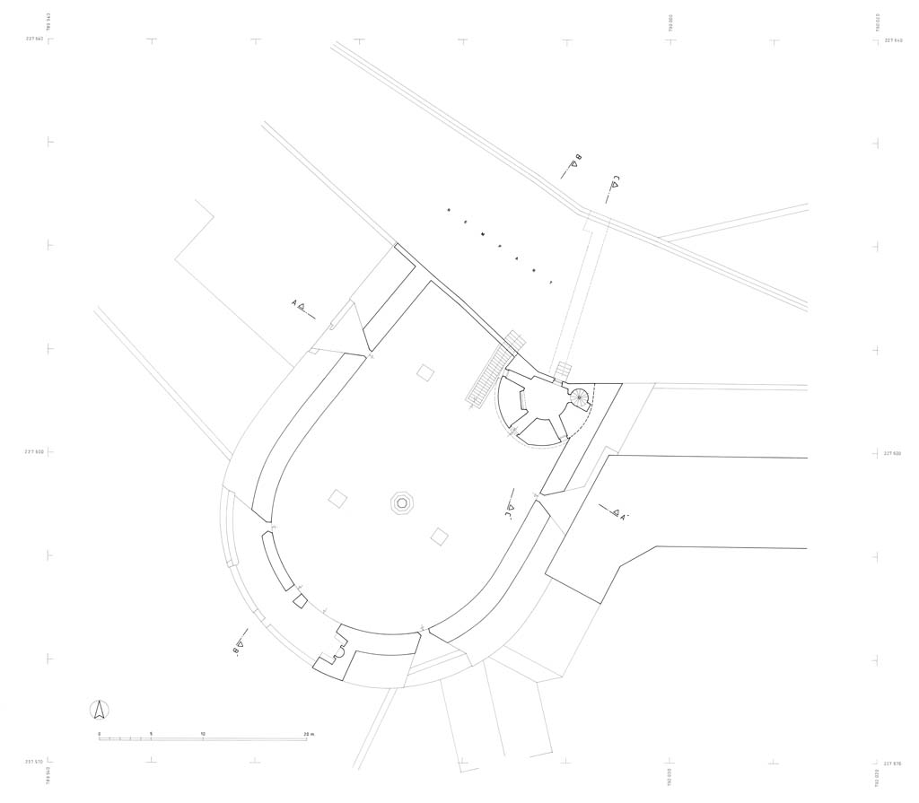 Plan sur terrasse du boulevard et du niveau supérieur de la tour des Cordeliers. ; Plan sur terrasse du boulevard et du niveau supérieur de la tour des Cordeliers.