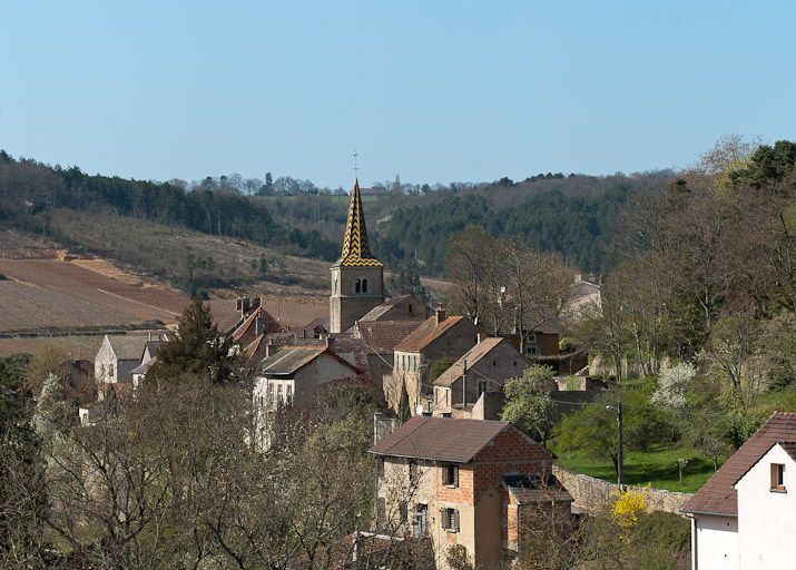 Vue générale de l'église et du village de Pernand-Vergelesses.