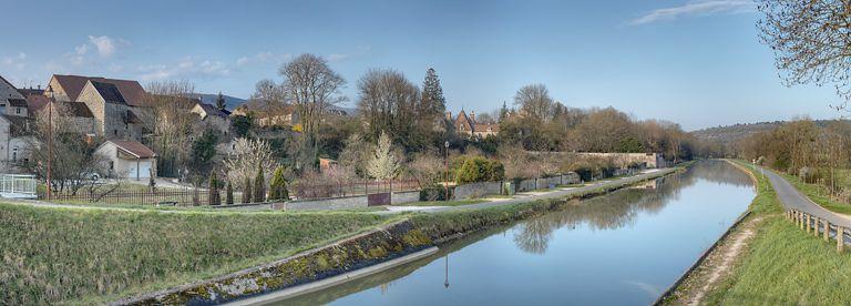 La traversée de Fleurey-sur-Ouche par le canal : le coteau de la rive droite avec jardins au premier plan, puis restes du prieuré Saint-Marcel et jardins des autres demeures.