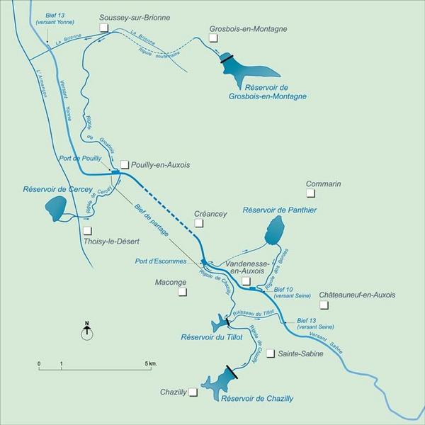 Carte schématique des réservoirs d'alimentation du canal de Bourgogne au niveau du bief de partage.