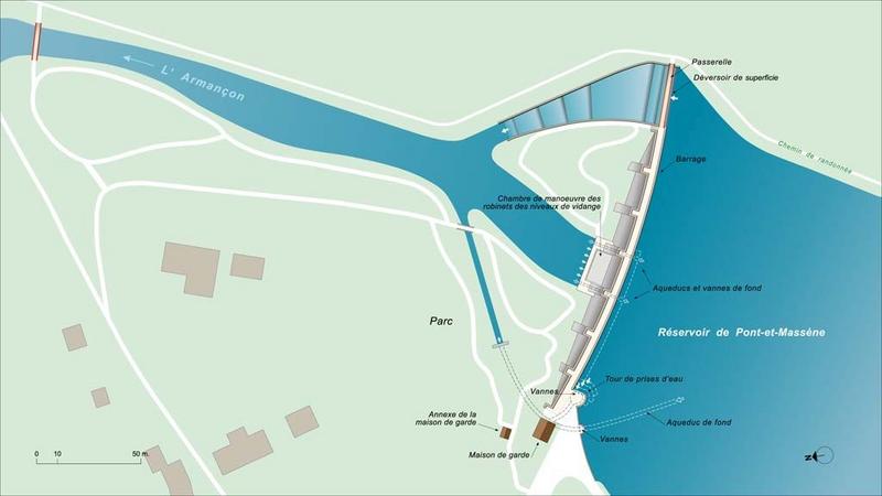 Plan schématique du réservoir de Pont, détail du barrage.
