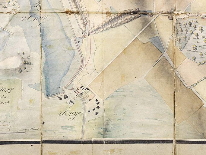 'Carte topographique des différents étangs destinés à former le réservoir du point de partage du Canal du Nivernais' : détail du site de l'écluse, dite de Baye.