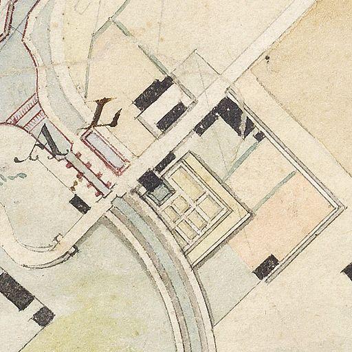 'Carte topographique des différents étangs destinés à former le réservoir du point de partage du Canal du Nivernais' : détail du pavillon des ingénieurs et des jardins.