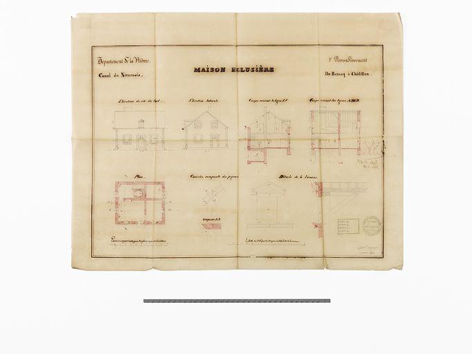 'Maison éclusière de Bernay à Châtillon'. Plan, coupe et élévation et détail de la lucarne.