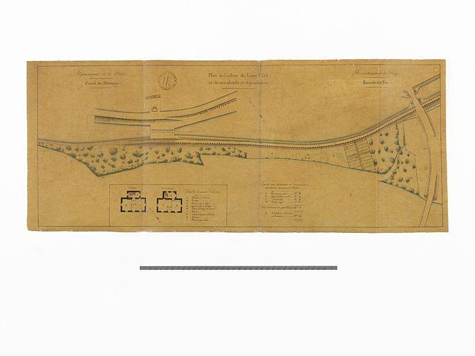 'Plan de l'écluse de Loire n°35 et de ses abords et dépendances'. Plan général de l'écluse avec sa maison éclusière ; plans du rez-de-chaussée et du premier étage de la maison éclusière.