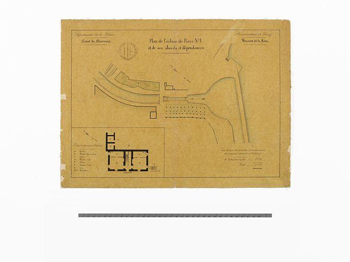 'Plan de l'écluse de Baye n°1 et de ses abords et dépendances'. Plan général du site d'écluse et détail de la maison éclusière.