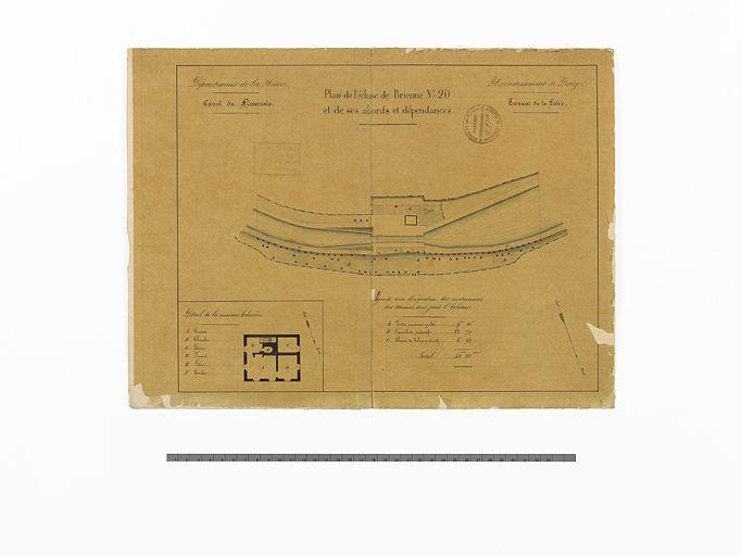 'Plan de l'écluse de Brienne n°20 et de ses abords et dépendances'. Plan général du site d'écluse et détail de la maison éclusière.