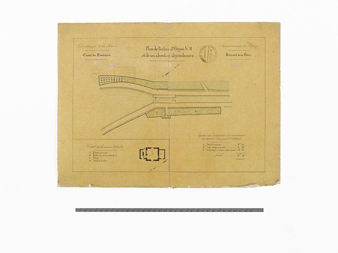 'Plan de l'écluse d'Orgue n°11 et de ses abords et dépendances'. Plan général du site d'écluse et détail de la maison éclusière.