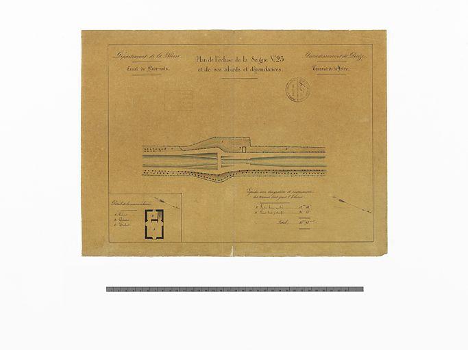 'Plan de l'écluse de la Seigne n°23 et de ses abords et dépendances'. Plan général du site d'écluse et détail de la maison éclusière.