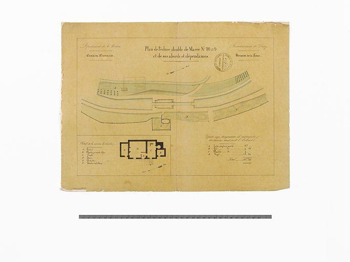 'Plan de l'écluse double de Marré n°10 & 9 et de ses abords et dépendances'. Plan général du site d'écluse et détail de la maison éclusière.