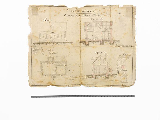 'Plan d'une maison éclusière double'. Plan, coupe et élévation (sur laquelle il est précisé 'n°30').