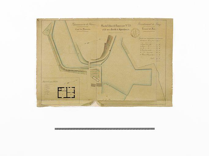 'Plan de l'écluse de Panneceau n°25 et de ses abords et dépendances'. Plan général du site d'écluse et détail de la maison éclusière.