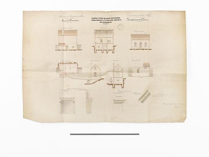 'Dessin d'une maison éclusière construite à l'écluse double de Chavance'. Plan, coupe et élévation (avec détails de la cheminée et de la corniche).