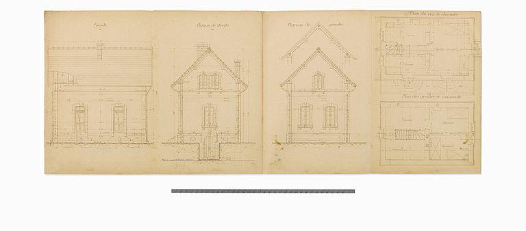 'Type de maison éclusière'. Plans et élévations. Détail de 4 planches. Il s'agit vraisemblablement de la maison de type Panneçot.
