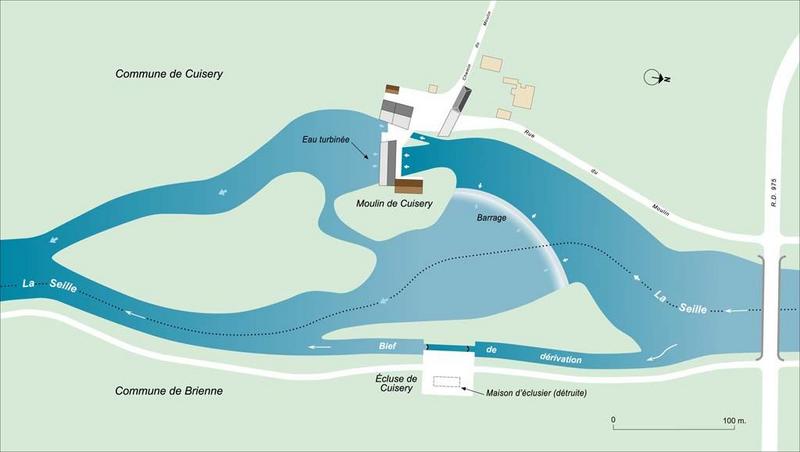 Plan schématique du site de l'écluse de Cuisery, du barrage et du moulin.