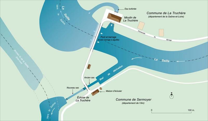 Plan schématique du site de l'écluse de La Truchère, du barrage et du moulin de La Truchère.