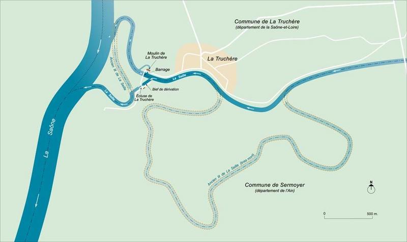 Plan schématique de la confluence de la Seille et de la Saône avec l'ancien tracé de la Seille.