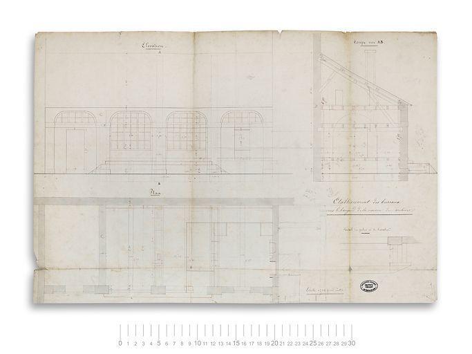 Etablissement des bureaux sous le hangar de la maison des archives. Plan, élévation et coupe.