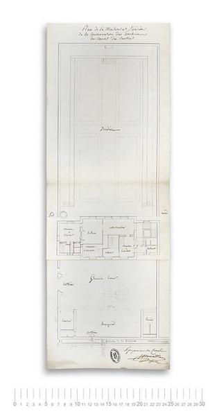 Plan de la maison et jardin de la Conservation des archives du Canal du Centre, avec retombe.