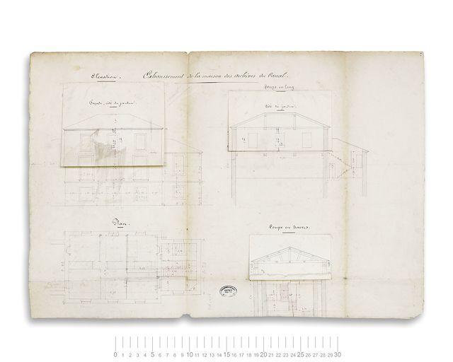 Exhaussement de la maison des archives du canal. Plan, coupe et élévation. Avec retombes.