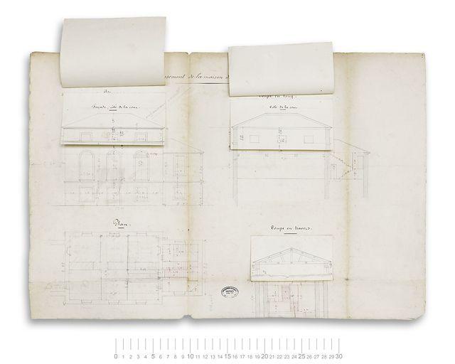 Exhaussement de la maison des archives du canal. Plan, coupe et élévation. 2 retombes levées.