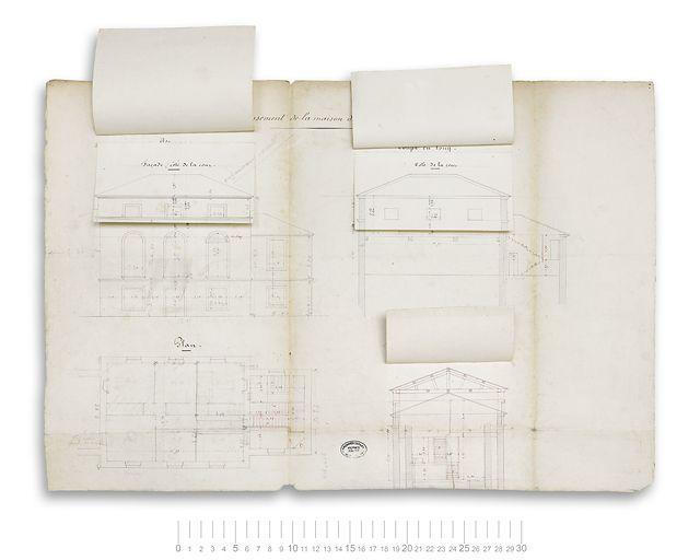 Exhaussement de la maison des archives du canal. Plan, coupe et élévation. 3 retombes levées.