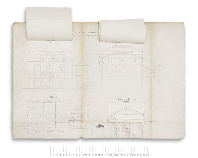 Exhaussement de la maison des archives du canal. Plan, coupe et élévation. Toutes retombes levées.
