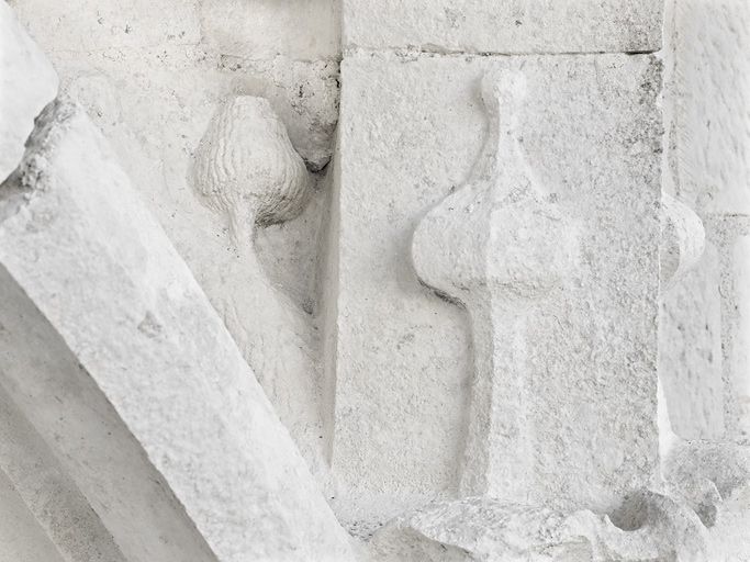 Logis des Hôtes : détail d'un fruit sculpté dans les moulures de la porte d'entrée principale.